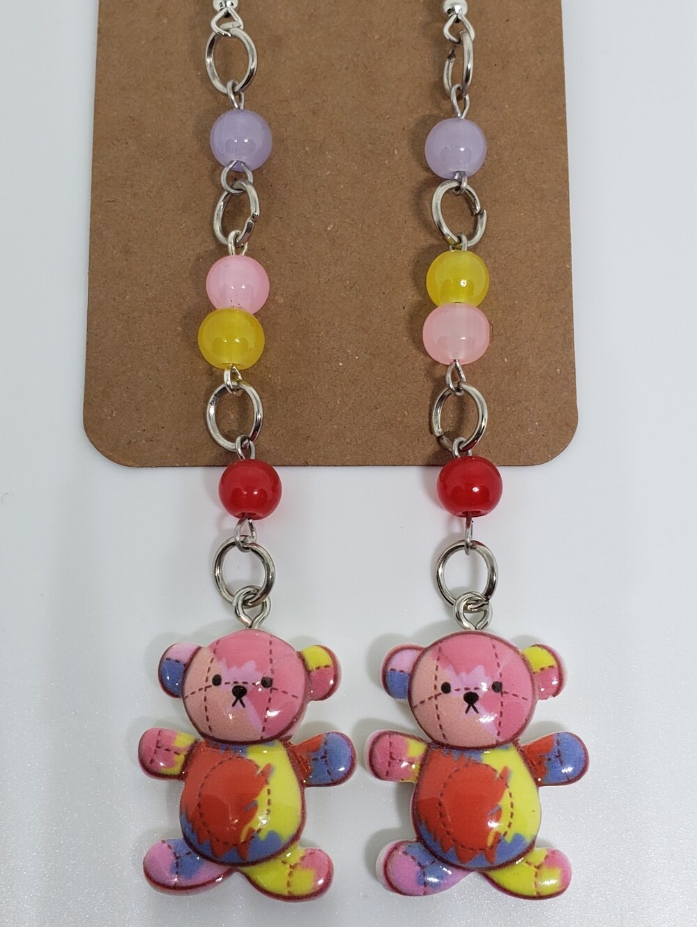 Handmade Glass Beaded Colorful Paint Splatter Stitch Patch Teddy Bear Earrings